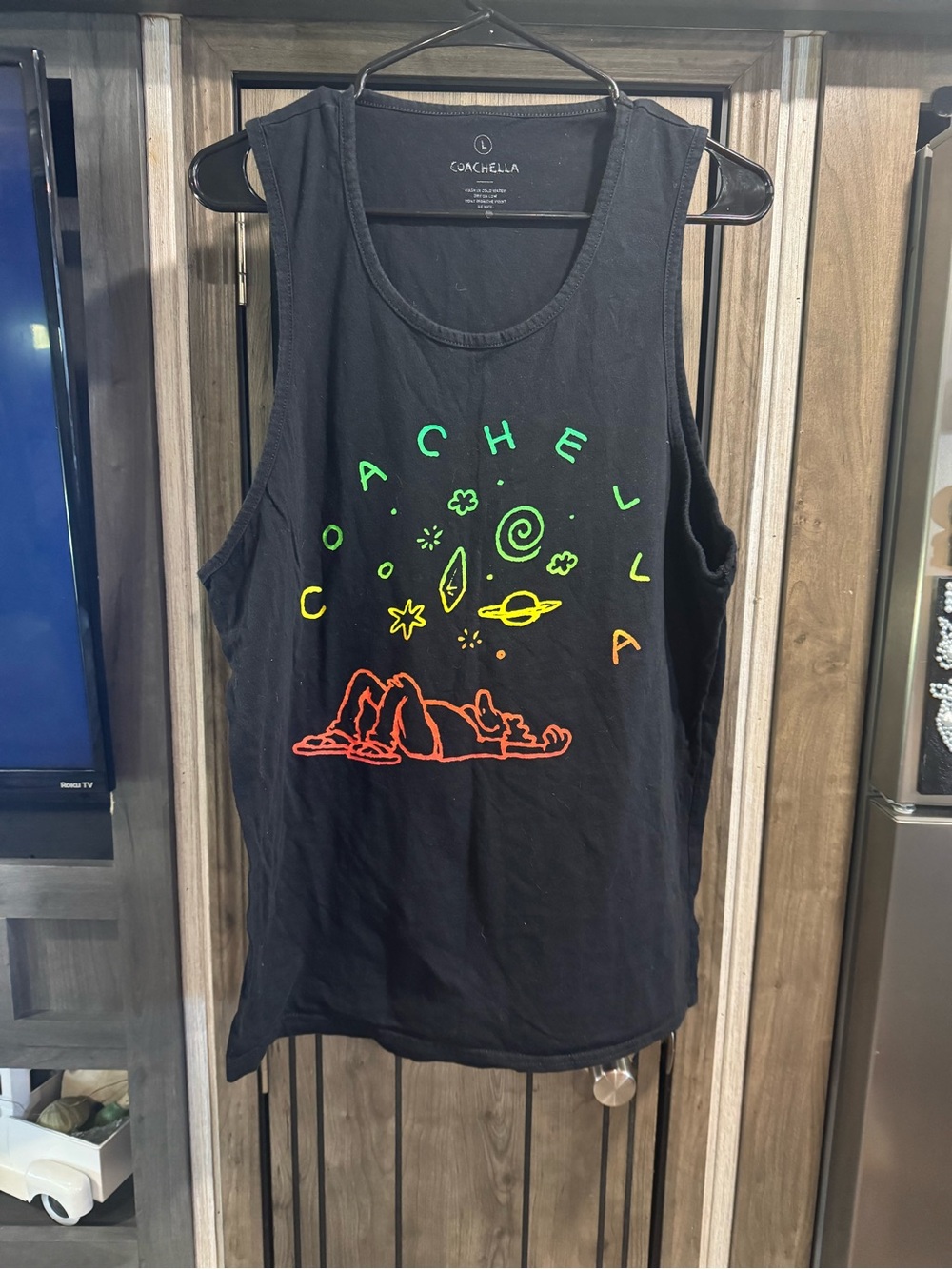 2016 Coachella Black Graphic Tank Top with Neon Print